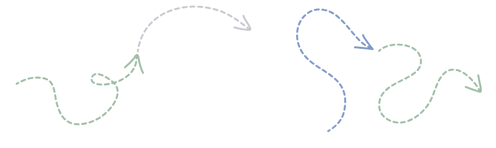 Colorful dotted lines with arrows forming a winding path on a black background.