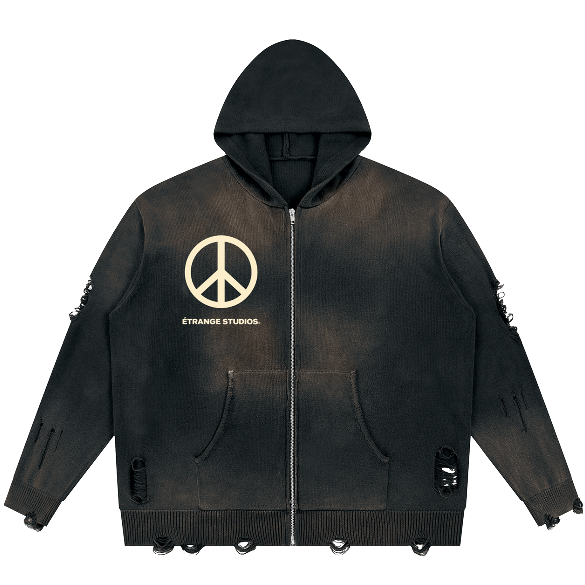 Peace Distressed Full Zip Sweater