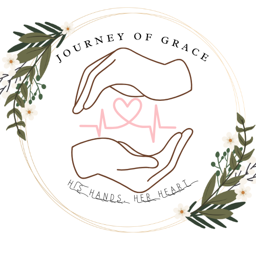Illustration of two hands holding a heart with an EKG line, surrounded by floral decorations, with text reading 'Journey of Grace' and 'His Hands, Her Heart'.