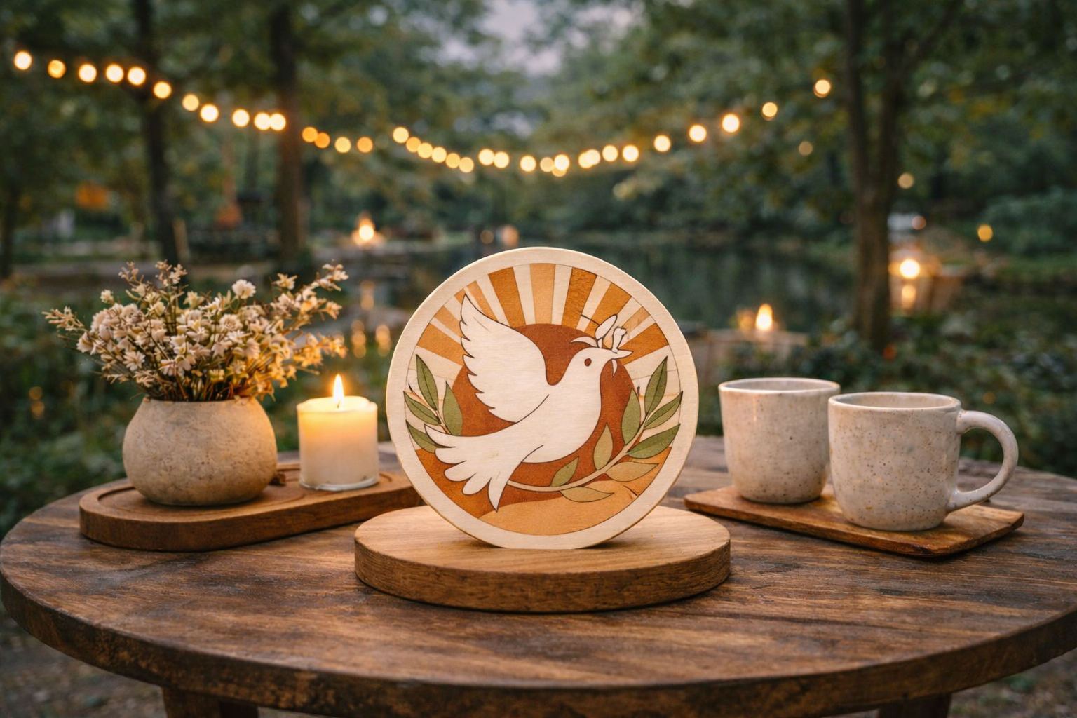 A round decorative wooden plaque with a dove holding an olive branch, set on a wooden table outdoors during dusk. The table also has two ceramic coffee mugs, a small pot of flowers, and a lit candle. String lights hang overhead in a forested area, creating a warm ambiance.