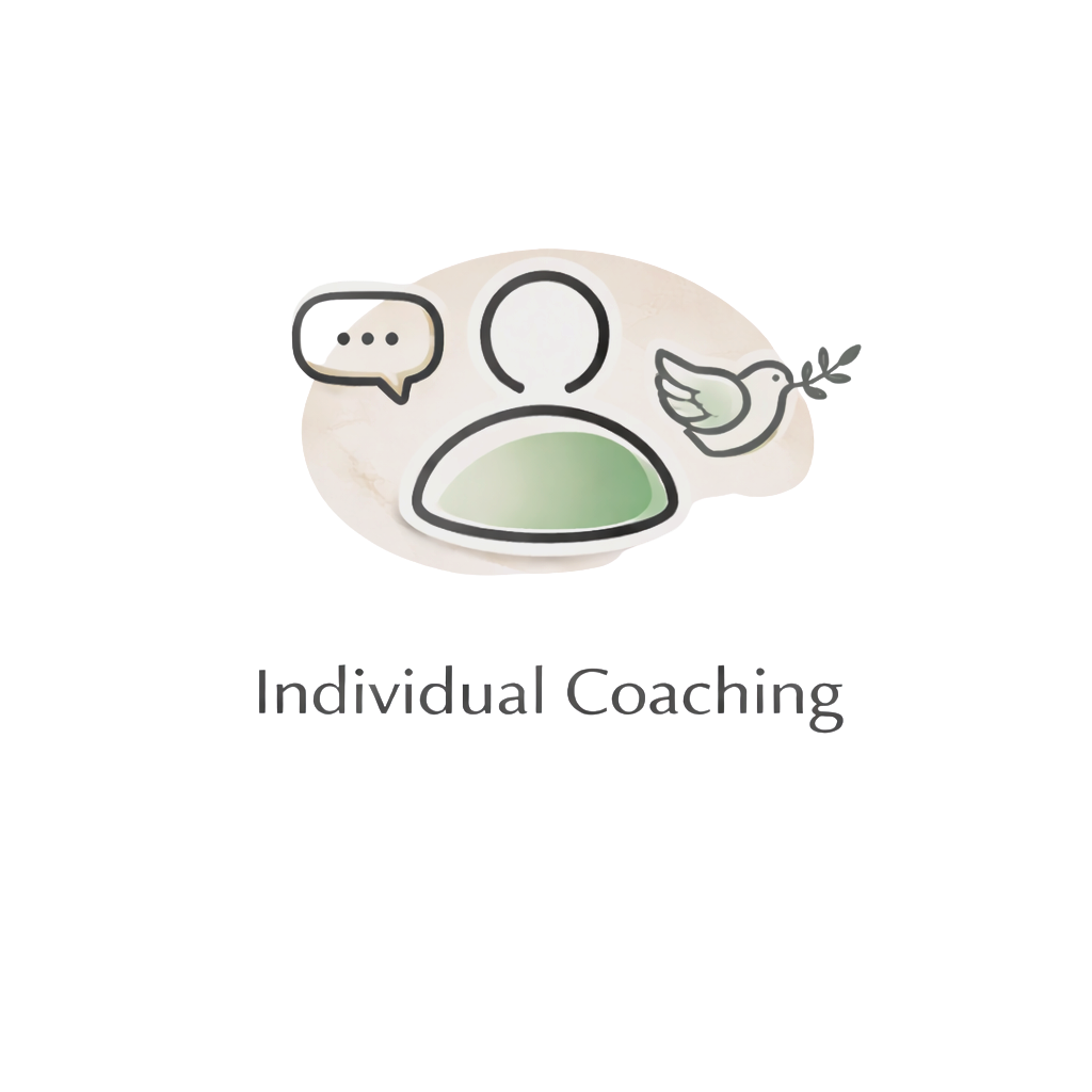 Iconic illustration of a person with speech bubbles and a bird, symbolizing communication and coaching, with the text 'IndMed Coaching' below.