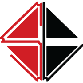 A geometric design with red and black triangular shapes forming a symmetrical pattern.