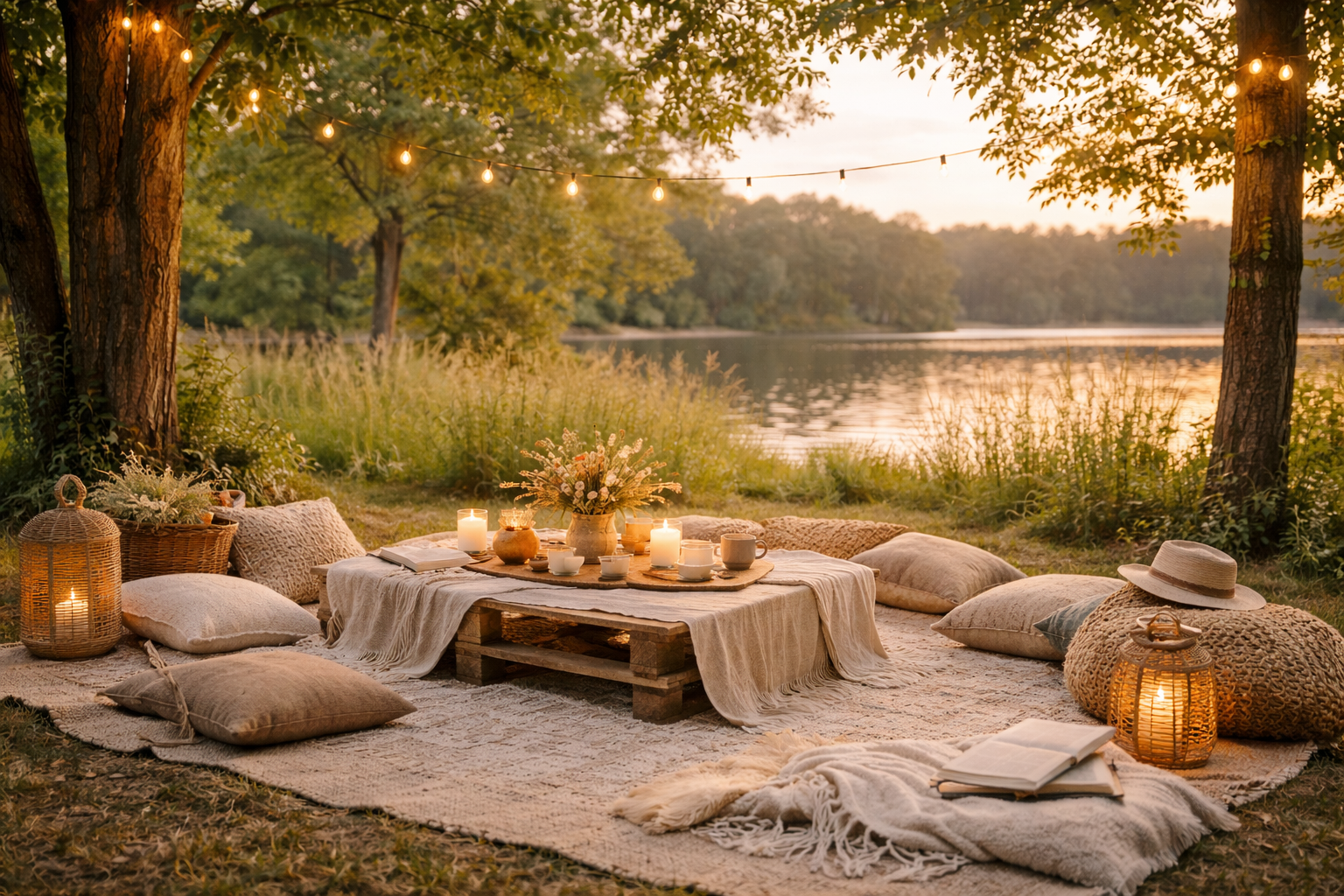 A cozy picnic setup with cushions, lanterns, and candles on a rug by a river at sunset, decorated with flowers and surrounded by trees.