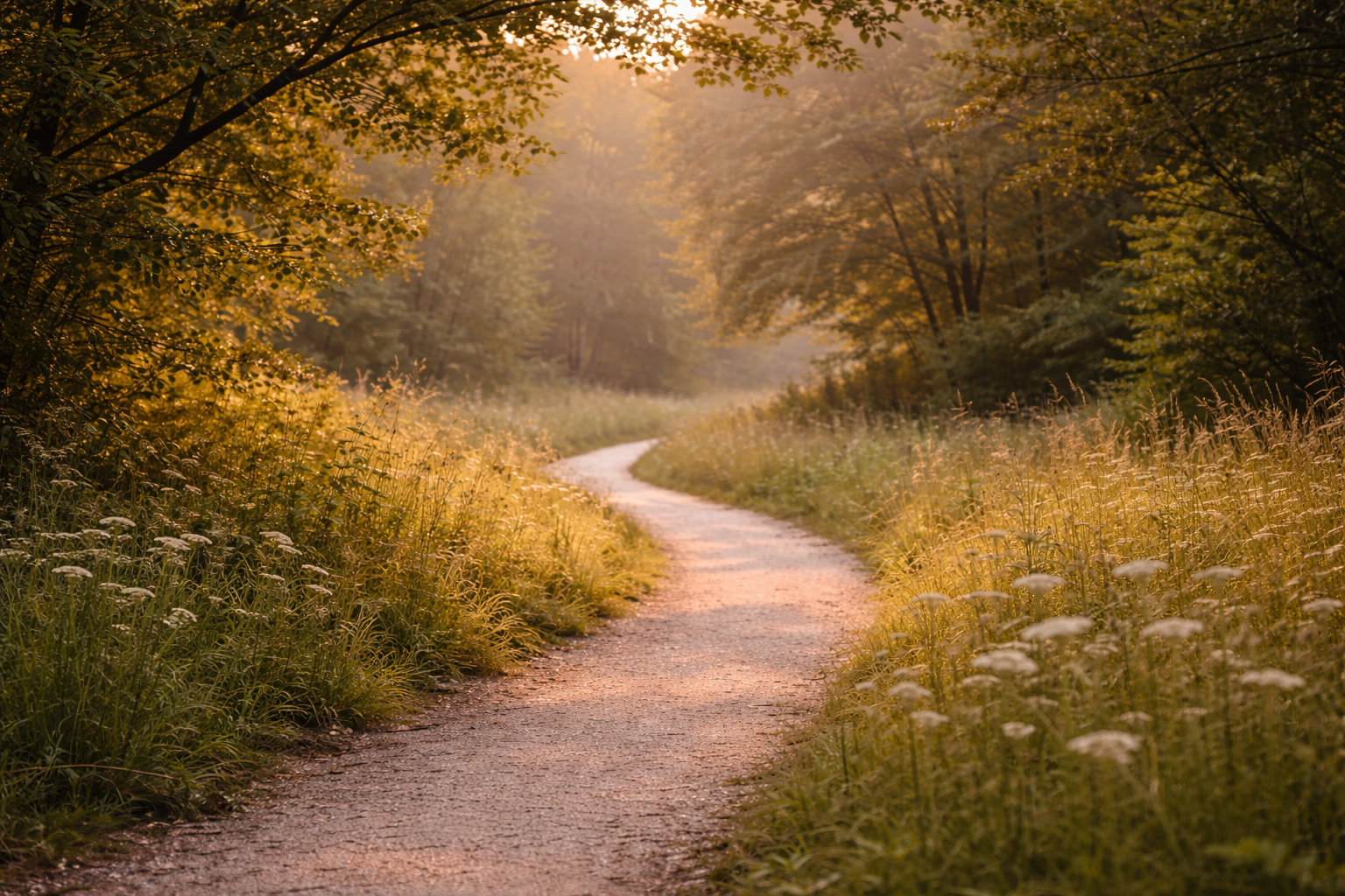 A winding dirt path through a forest with autumn foliage, golden sunlight filtering through the trees, and wildflowers along the sides.