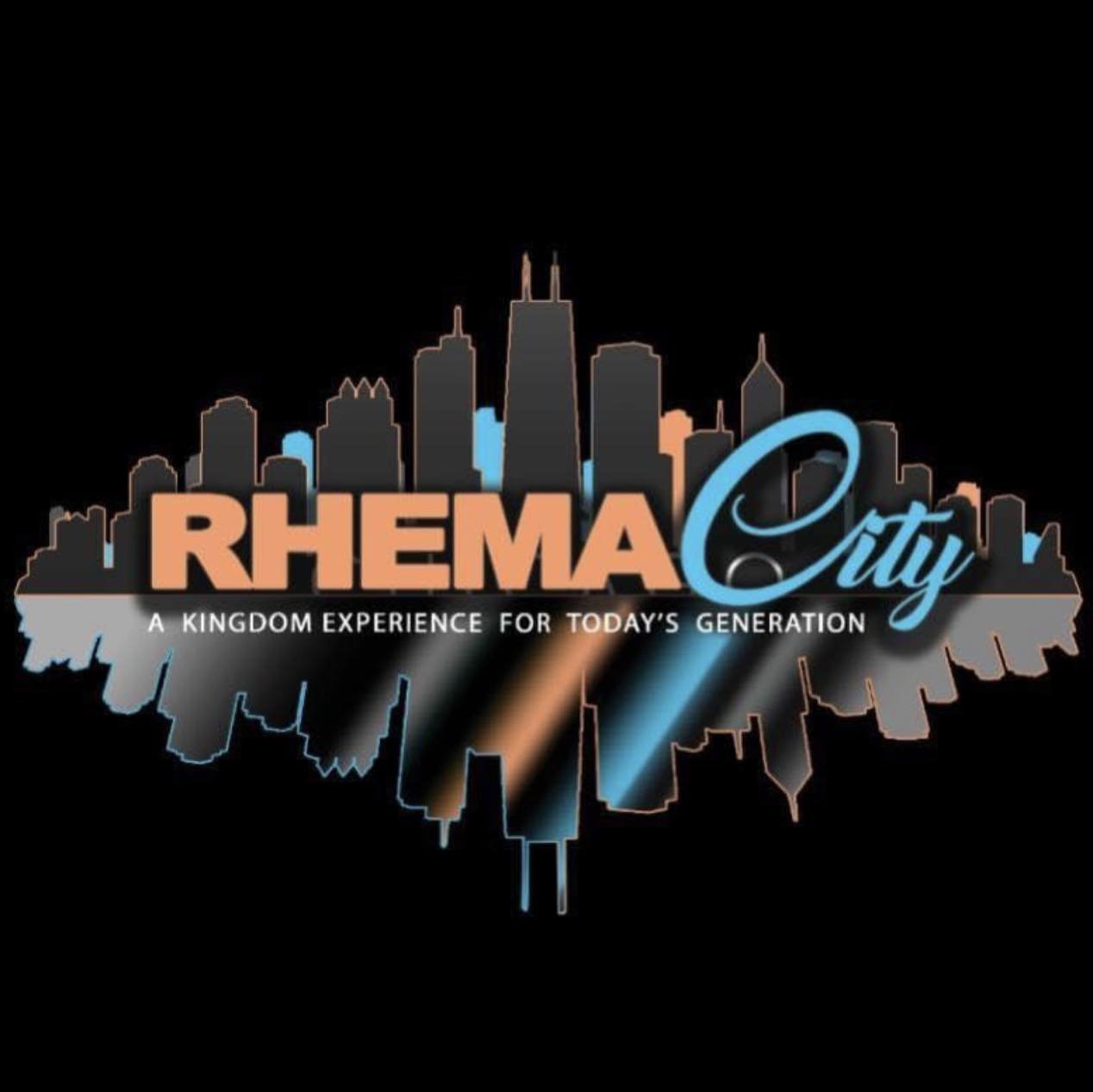 Logo of Rhema City with a city skyline in the background, slogan 'A Kingdom Experience for Today's Generation' underneath.