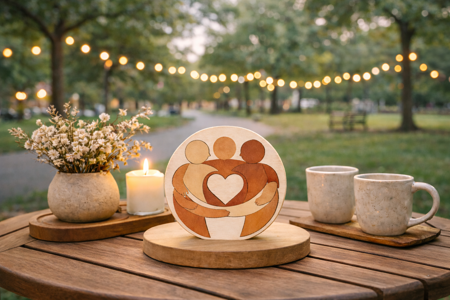 Decorative table with art piece depicting three people holding a heart, a lit candle, a vase with flowers, and two coffee mugs set outdoors with blurred trees and string lights in the background.