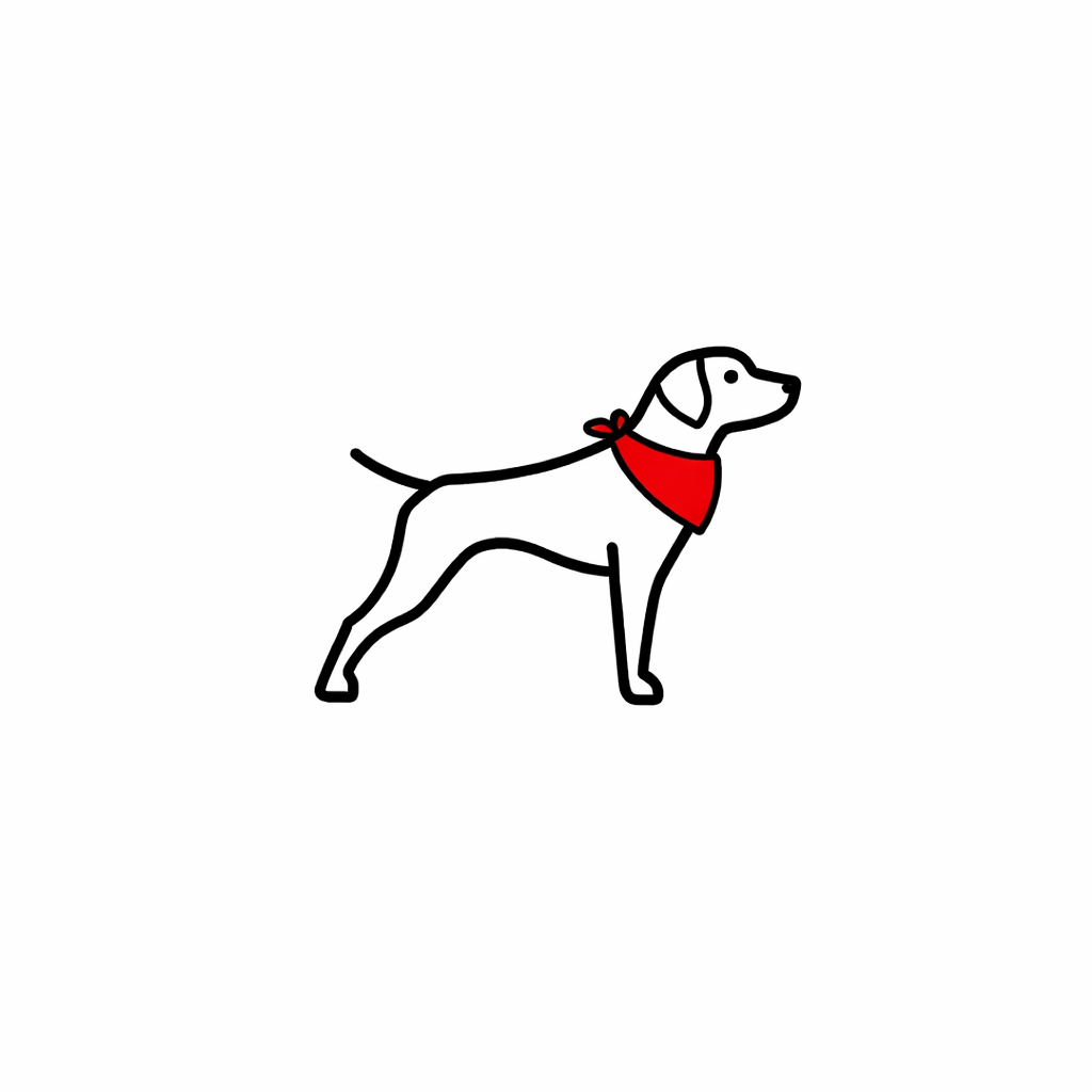 Simple black and white line drawing of a dog wearing a red bandana around its neck.
