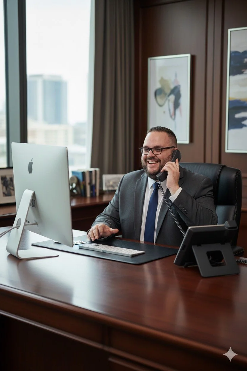 A man in a business suit sitting at a desk, smiling while talking on a corded phone, with a desktop computer, a phone, and books on the desk in a modern office with large windows and artwork on the wall.