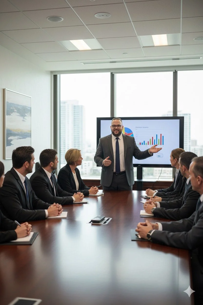Business man giving a presentation to a group of professionals in a conference room with large windows and city views.