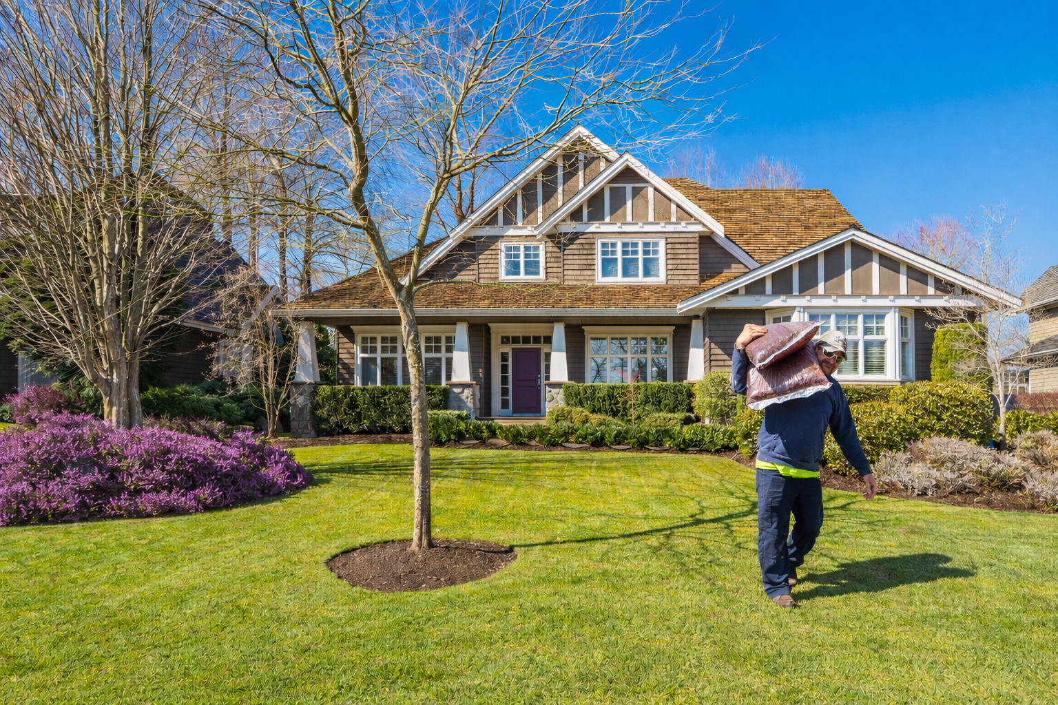 A man carrying a bag over his shoulder stands on a well-maintained front yard of a house with a purple door, surrounded by trees and bushes, during a sunny day in Iowa.