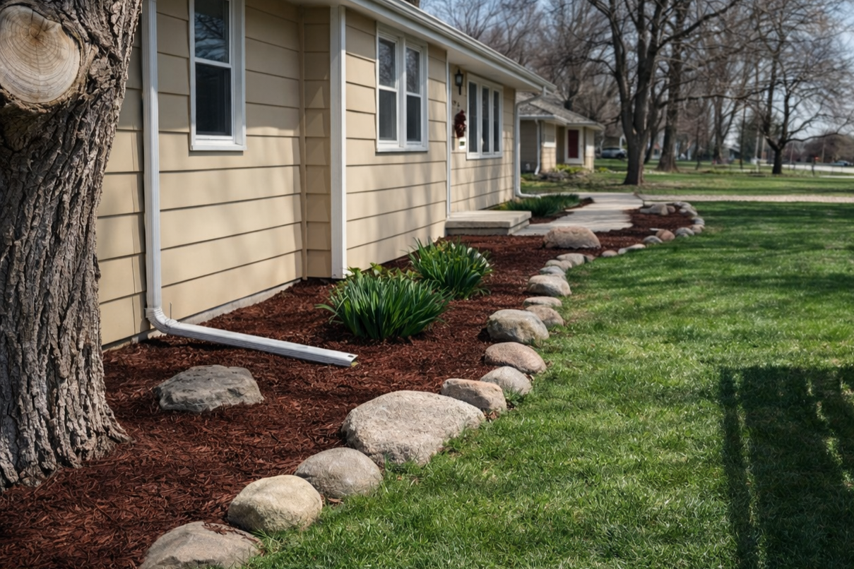 Front yard with a garden bed bordered by large rocks, containing green plants, next to a beige house with white-framed windows in Des Moines.