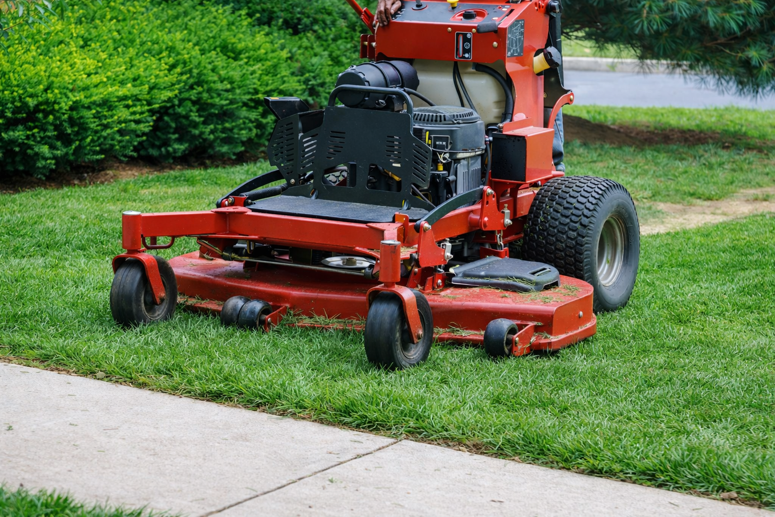 Red riding lawn mower on a grassy lawn next to a sidewalk, with bushes in the background at a home in Des Moines, IA.
