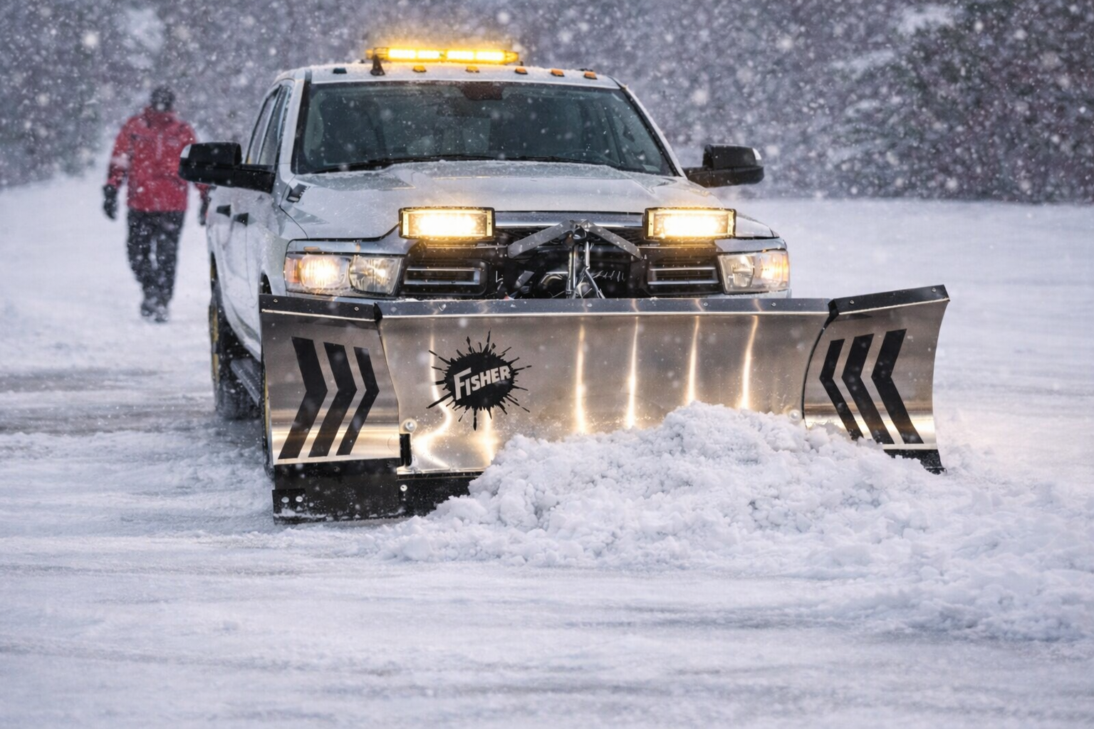 A snowplow truck clearing snow on a snowy road, with a person walking in the background. Snow Removal in central Iowa.