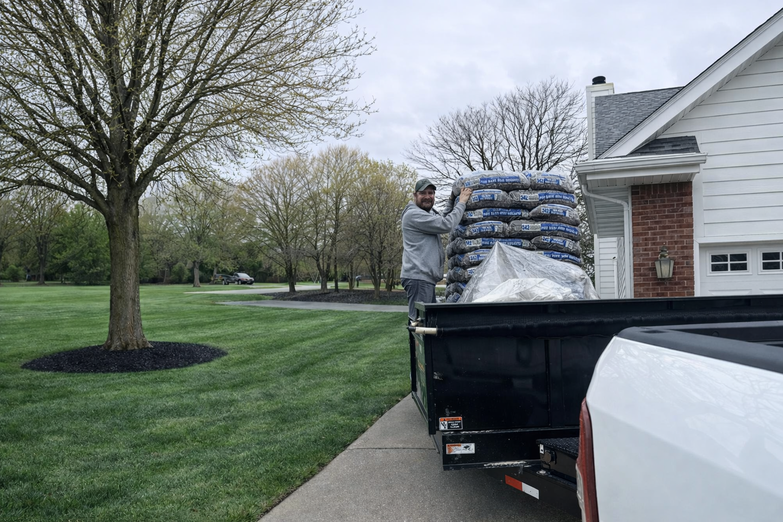 A man loading bags of mulch into a trailer parked next to a white house with a brick wall. The scene takes place in a suburban neighborhood with a grassy lawn and trees in Des Moines.