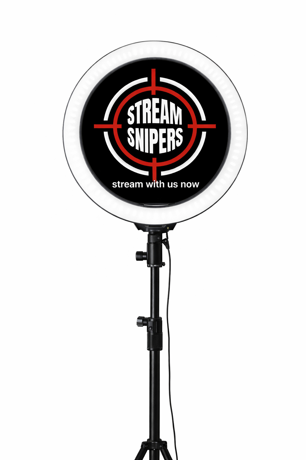 A circular ring light with a black sign in the center that reads "STREAM SNIPERS" in bold white letters, with a red target design around the text, and smaller text underneath that says "stream with us now."
