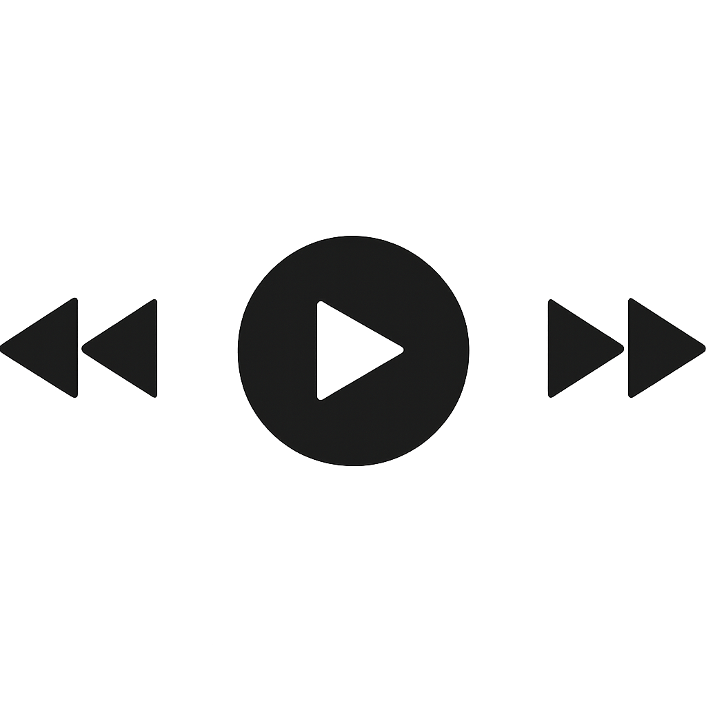Black video playback controls, including rewind, pause, and fast forward buttons, on a dark background.
