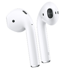 Pair of white Apple AirPods wireless earbuds against a black background