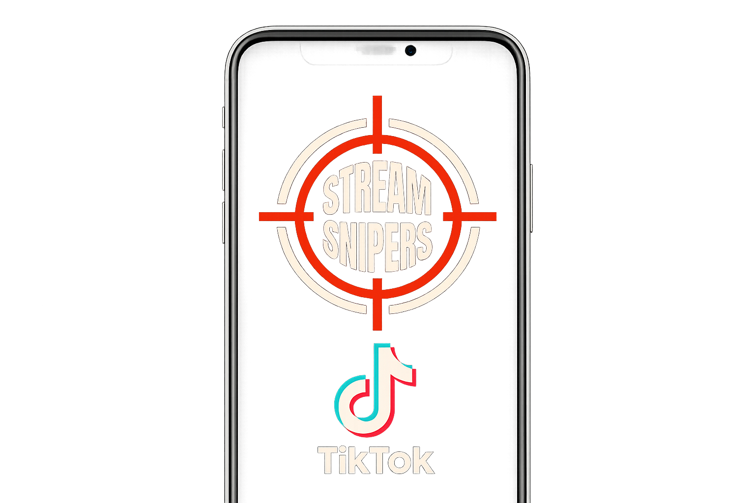 A smartphone with a neon logo of TikTok and a target graphic with the words "STREAM SNIPERS" inside, set against a dark background.