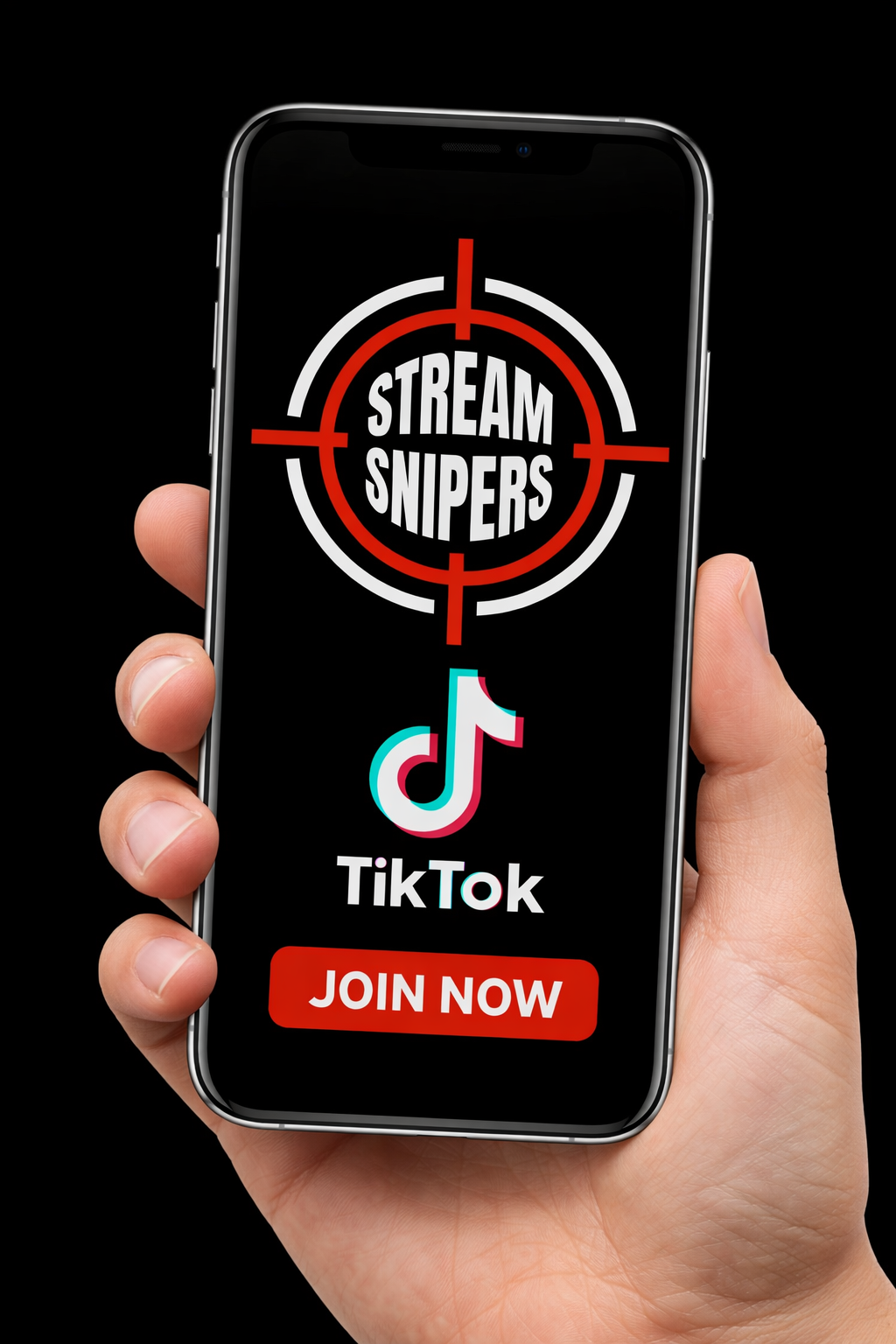 A hand holding a smartphone displaying a TikTok app screen with a logo that reads 'Stream Snipers' inside a red and white crosshair, and a red button labeled 'Join Now'