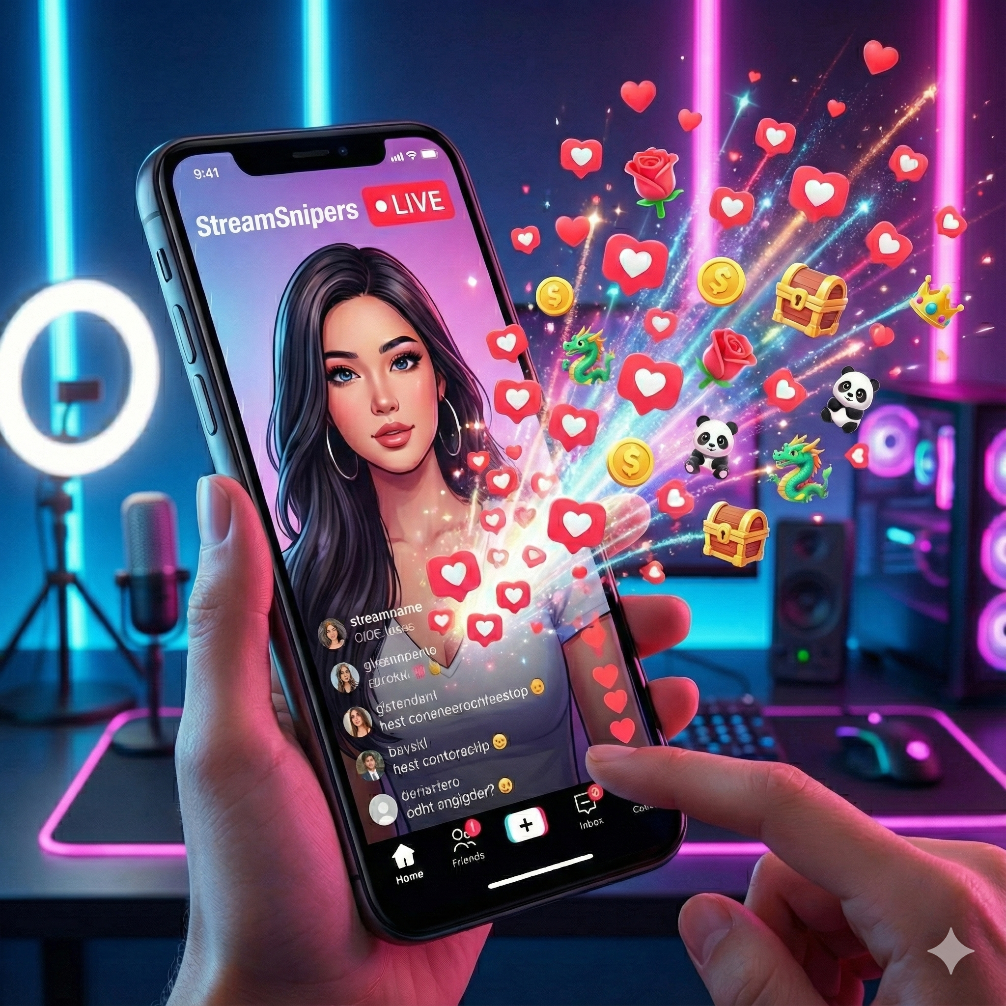 A woman holds a smartphone showing a live streaming app with a female avatar. The screen displays comments, and animated icons such as hearts, roses, dragons, pandas, treasure chests, coins, and a crown burst out from the phone, creating a lively and colorful scene.