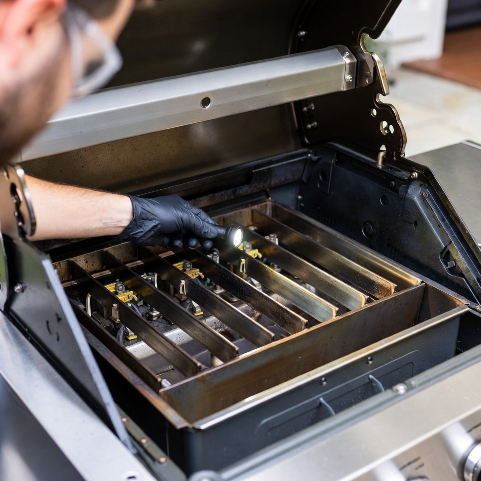 Professional grill cleaning technician inspecting burners for grease fire risk