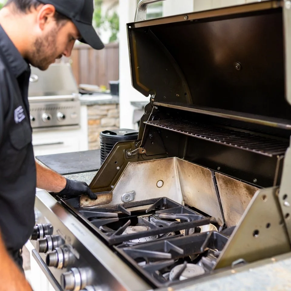 Professional grill cleaning technician inspecting internal grill components for safety