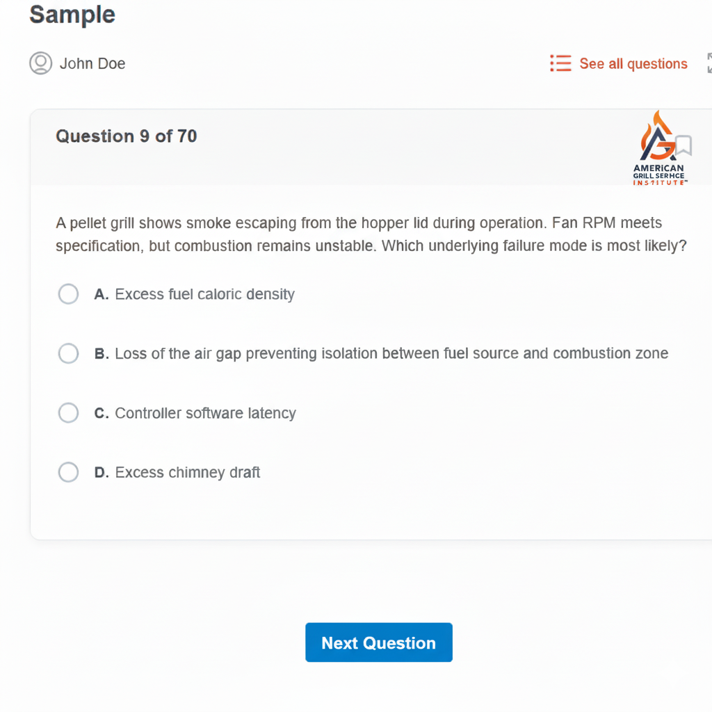 Online quiz question about pellet grill smoke escaping from the hopper lid during operation, with multiple choice answers and the American Grill Service Institute logo.