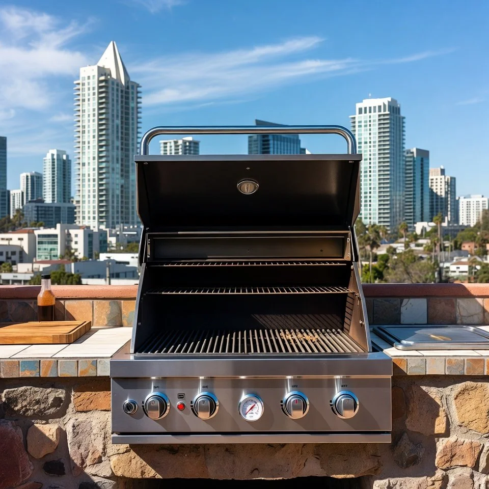 Certified grill service technician inspecting a San Diego outdoor kitchen BBQ grill for safety