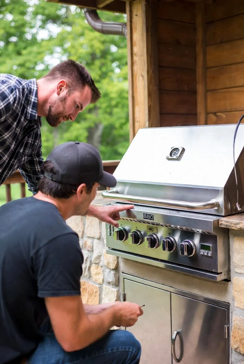 an instructor teaching a technician how to repair a built-in stainless steel BBQ grill Generated image