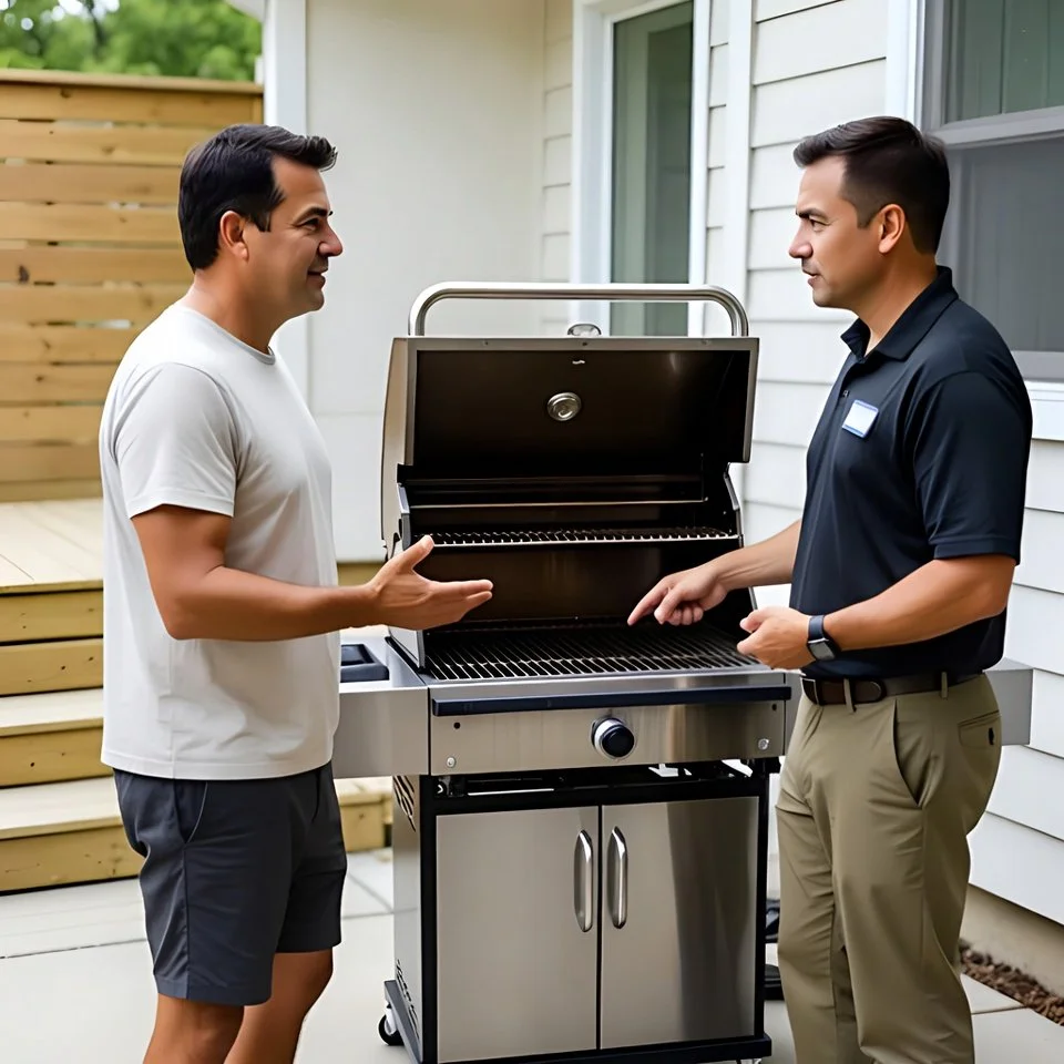 Professional grill cleaning technician explaining safety inspection to a homeowner