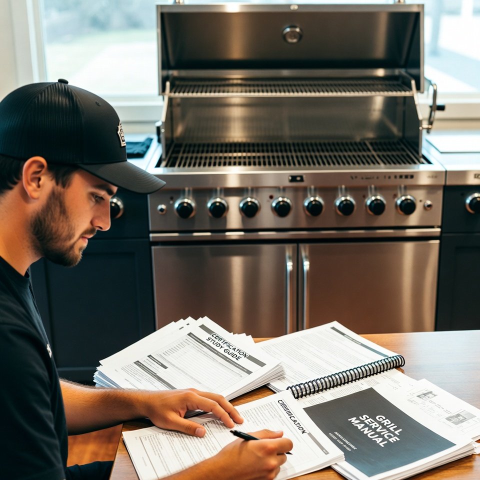 Homeowner discussing grill technician qualifications during grill inspection