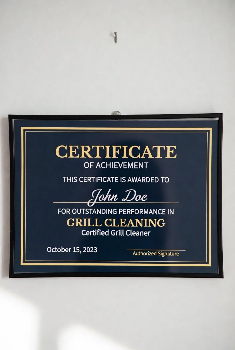 grill cleaning certificate hanging on the wall
