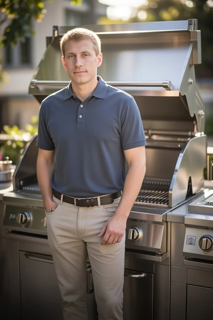 Matthew Brunken in front of clean bbq grill in business polo