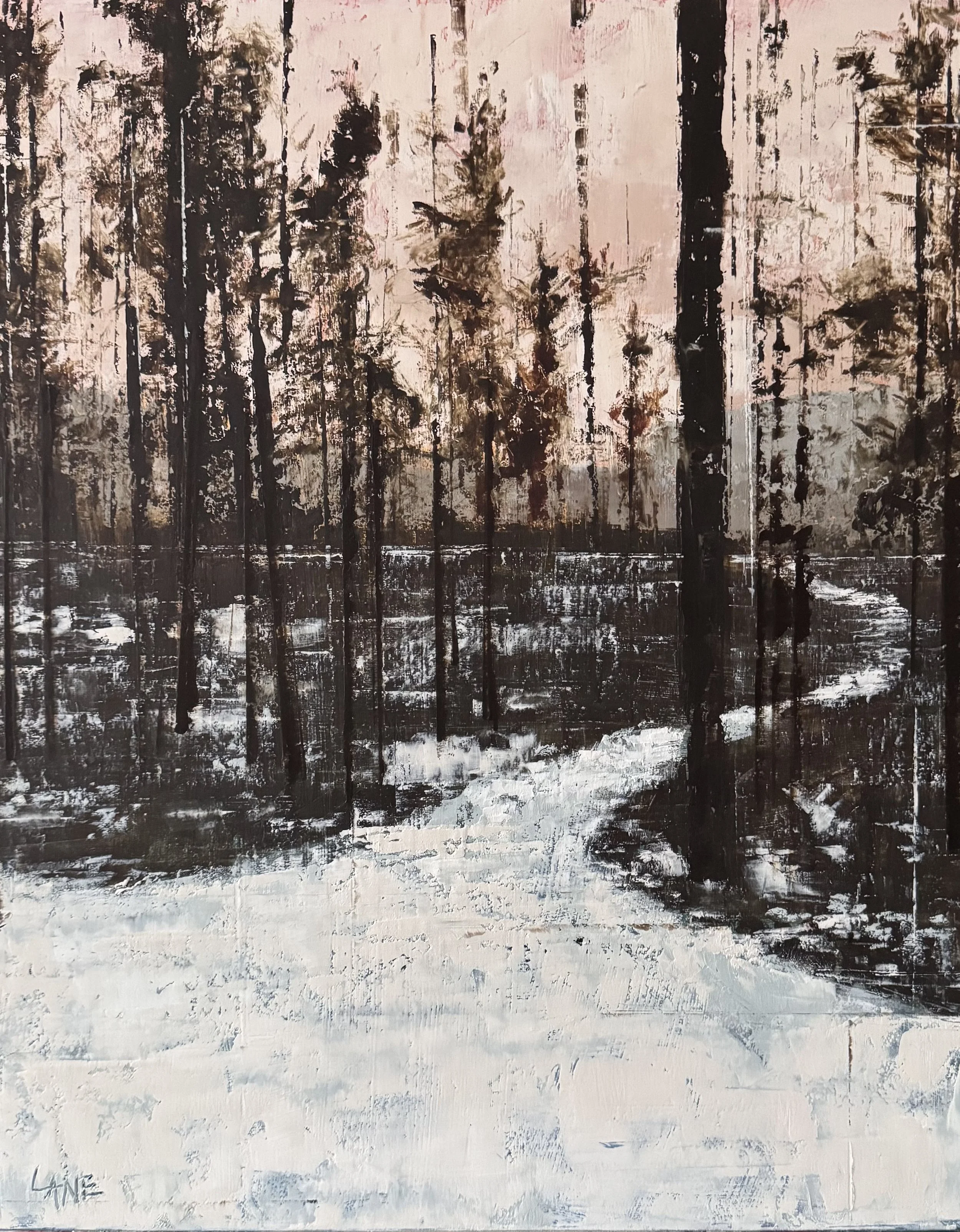 A painting of a winter scene with a snow-covered path through a forest of tall, leafless trees, with a muted pink and gray sky in the background.