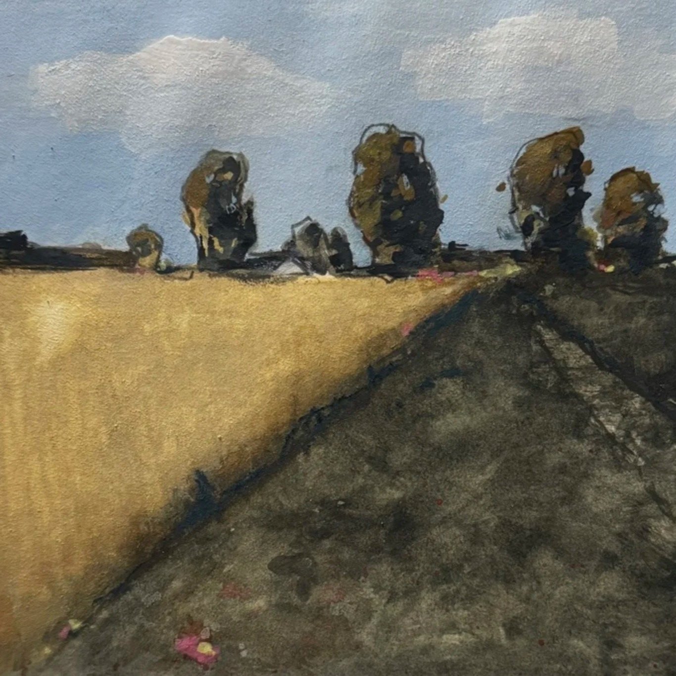 A landscape painting of a rural scene with a dirt path, yellow field, trees, and a blue sky with clouds.