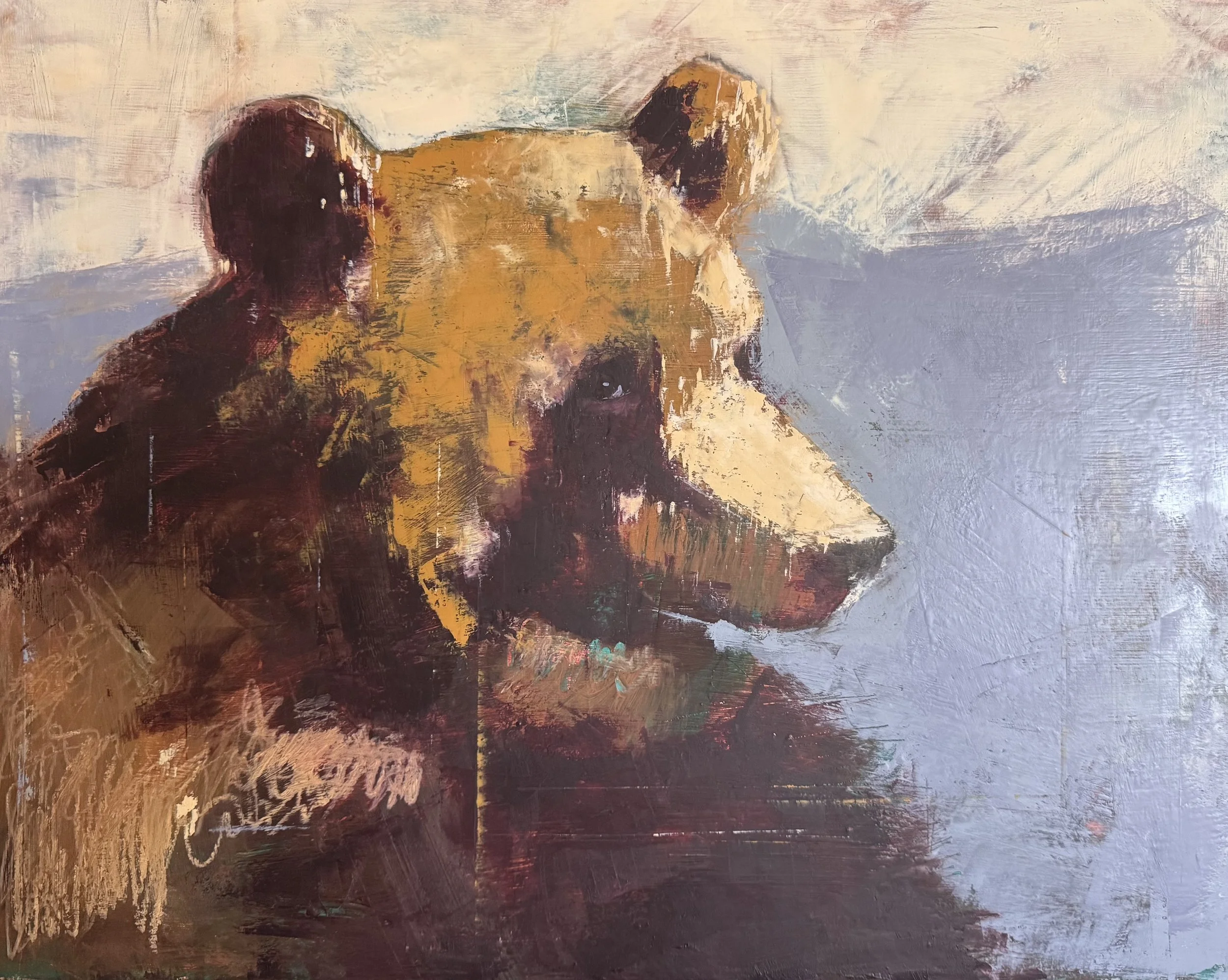 Abstract painting of a dog's face in shades of brown, yellow, and purple with a textured background.
