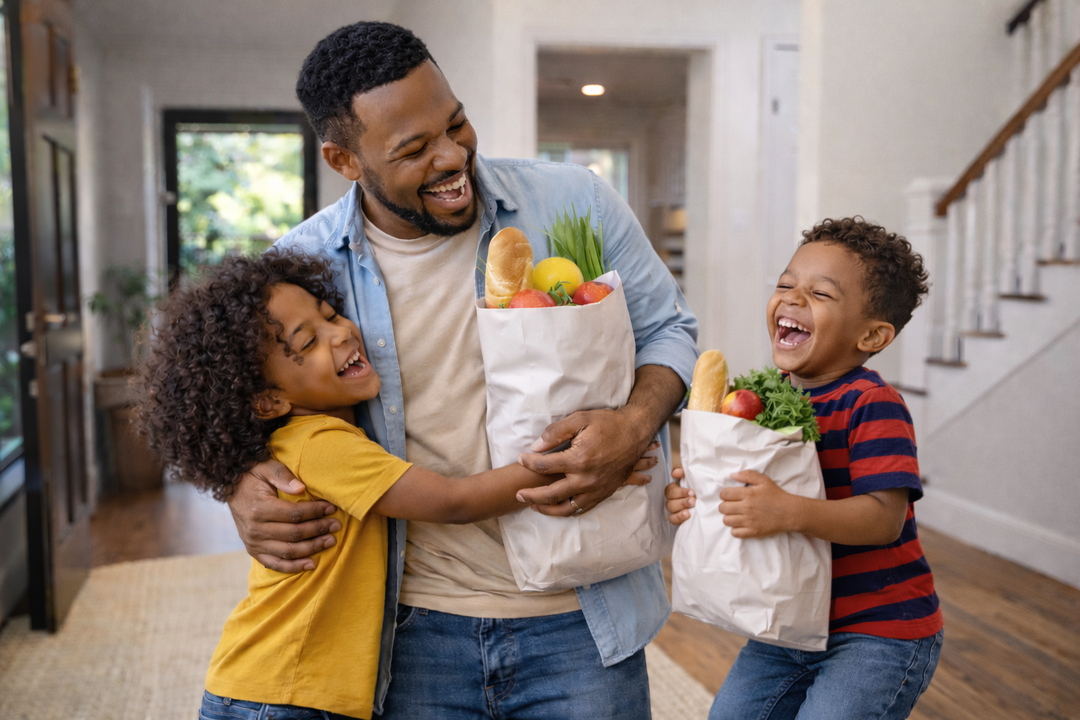 A man embracing two children indoors, each holding paper bags of groceries with fresh produce, all laughing.