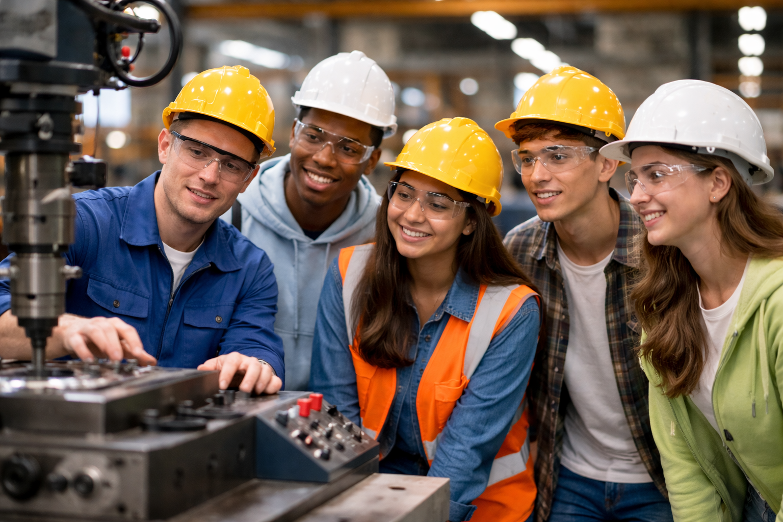 Group of five young industrial workers wearing safety helmets and glasses, gathered around a machine, discussing and observing its operation in a factory setting.