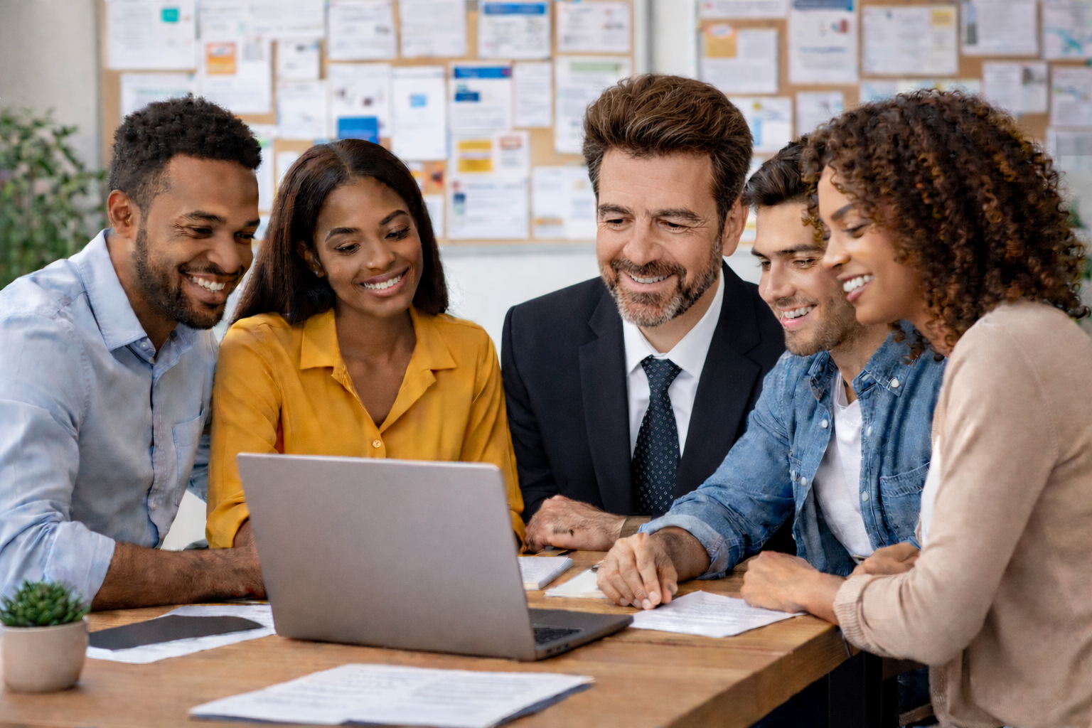 Group of five diverse colleagues sitting around a table, smiling, looking at a laptop screen, in an office with a bulletin board in the background.