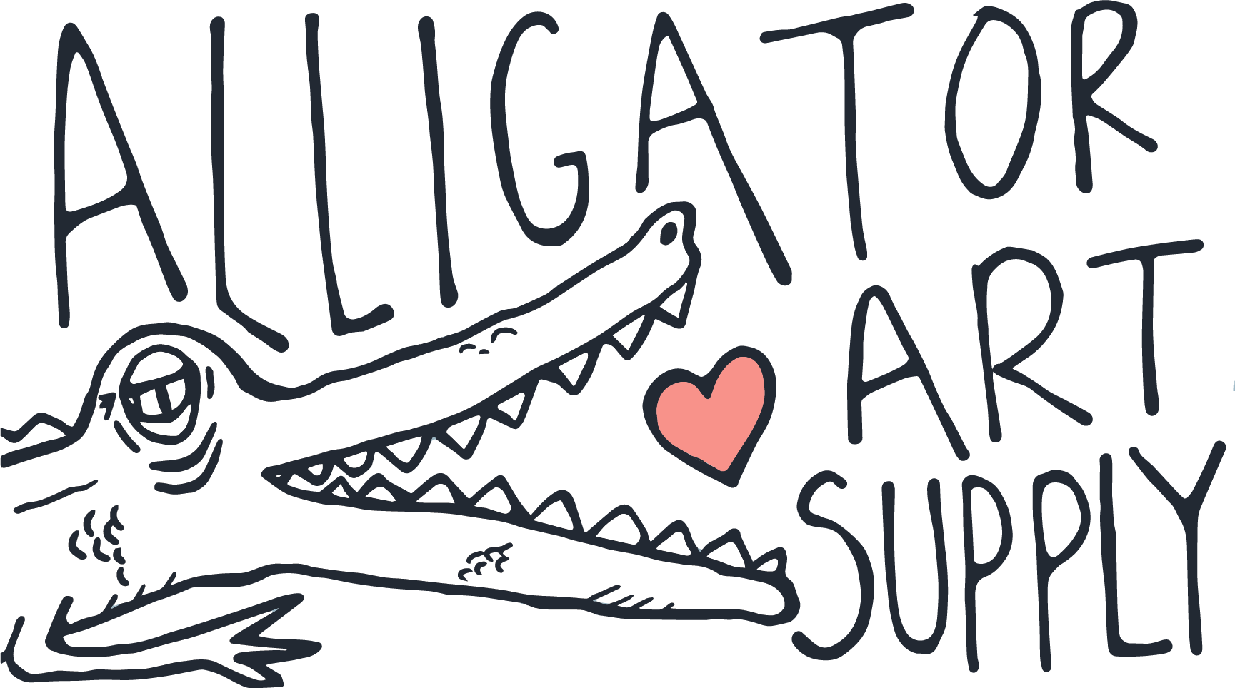 A cartoon crocodile with an open mouth and a heart next to it. Text reading 'Alligator! Art Supply' is written around the crocodile.