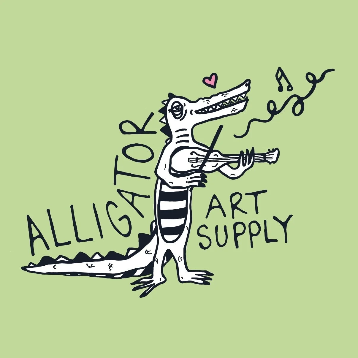 A cartoon crocodile playing a guitar with music notes and a pink heart above its head, surrounded by the text 'Alligator Art Supply' on a green background.