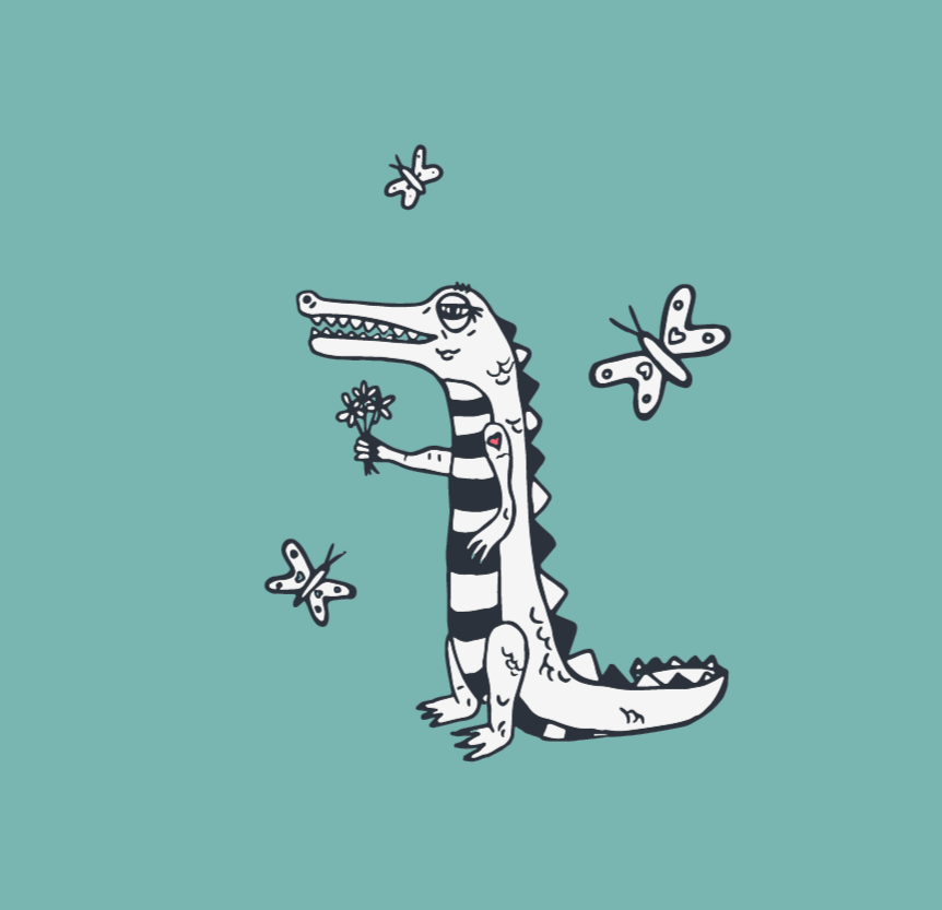 Cartoon crocodile standing upright, holding a flower, surrounded by three butterflies, on a teal background.