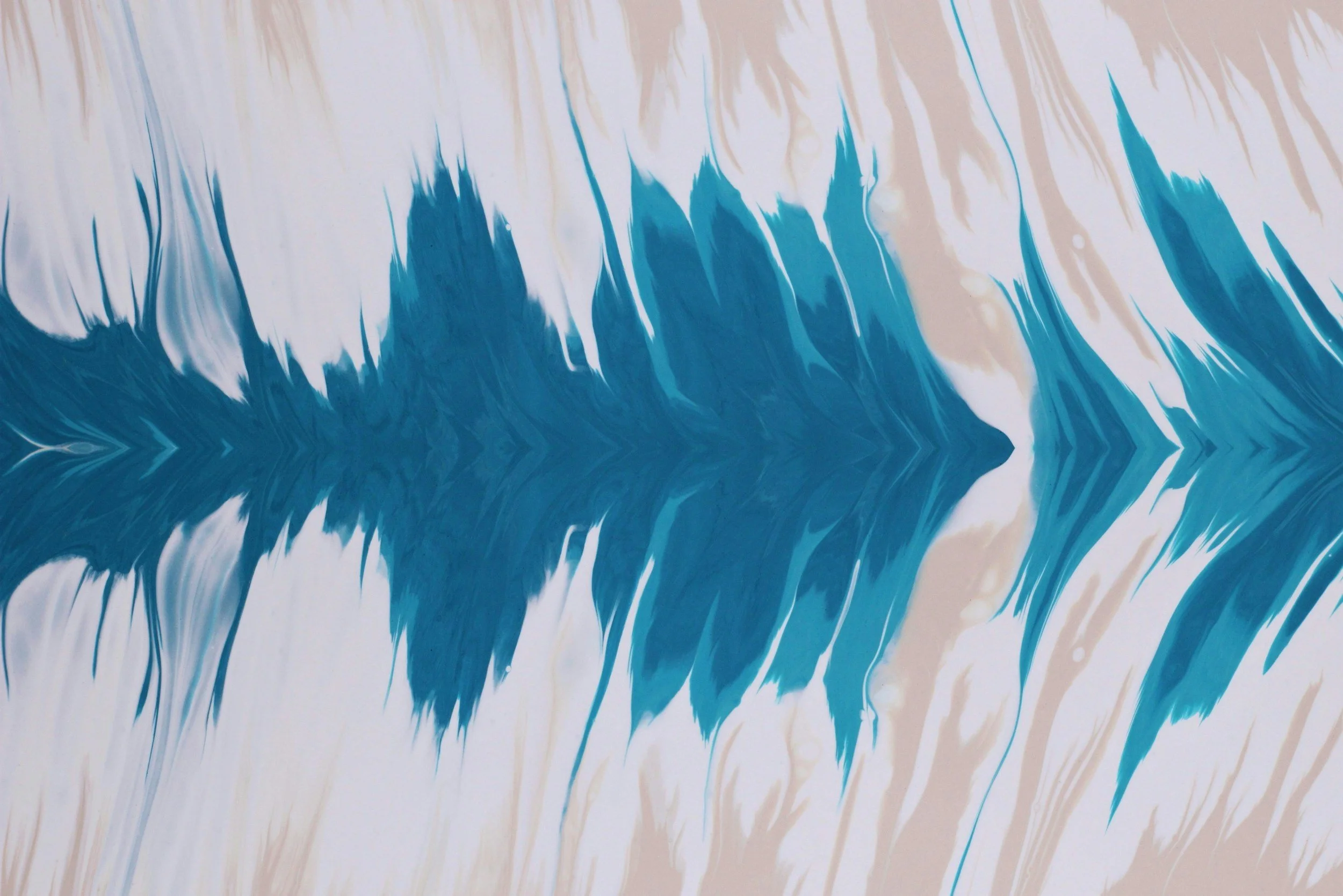 Abstract blue, white, and beige watercolor painting with symmetrical, flowing patterns resembling a mirrored reflection.