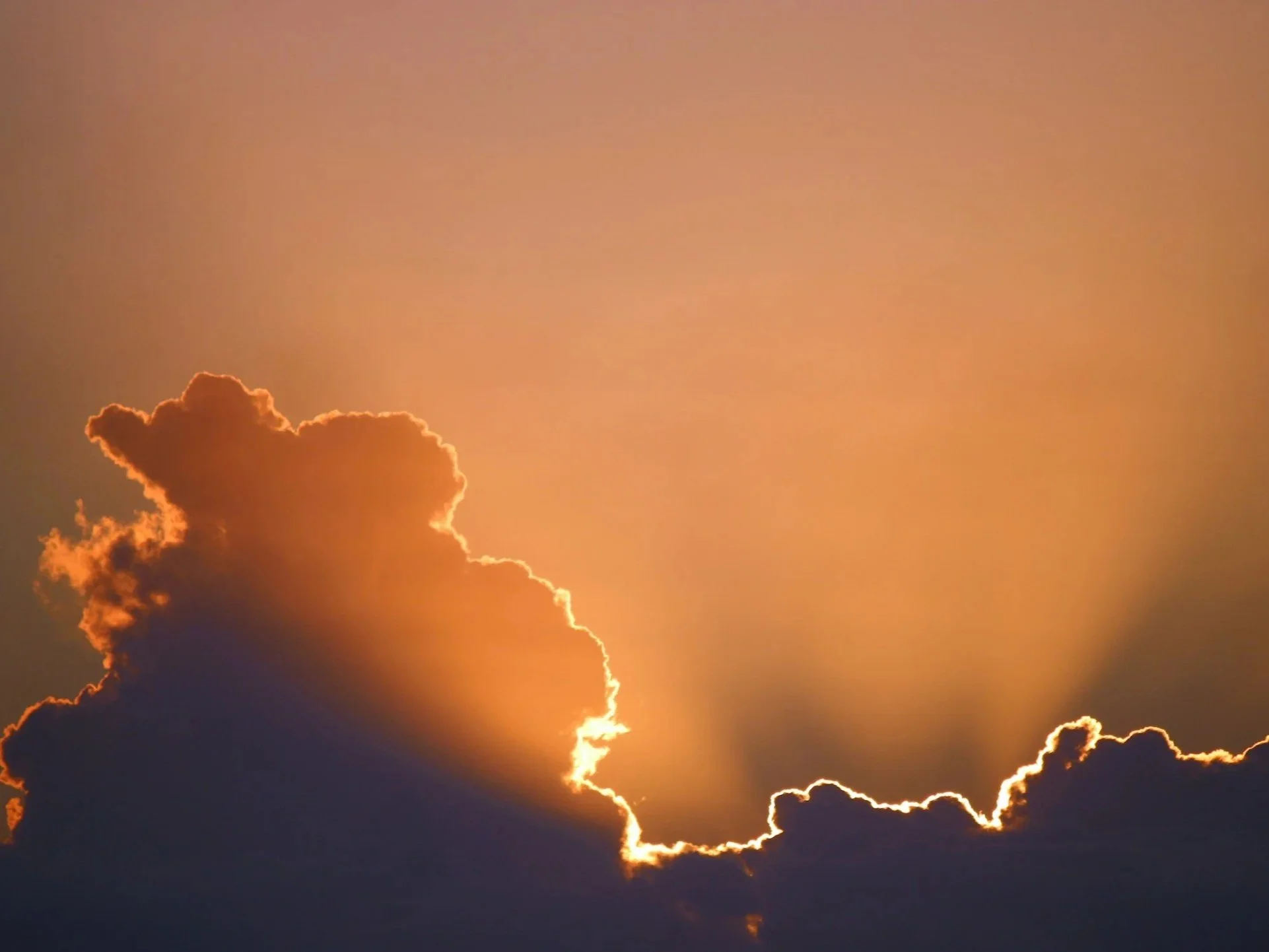 Sunset sky with dark clouds backlit by orange and yellow sunlight.