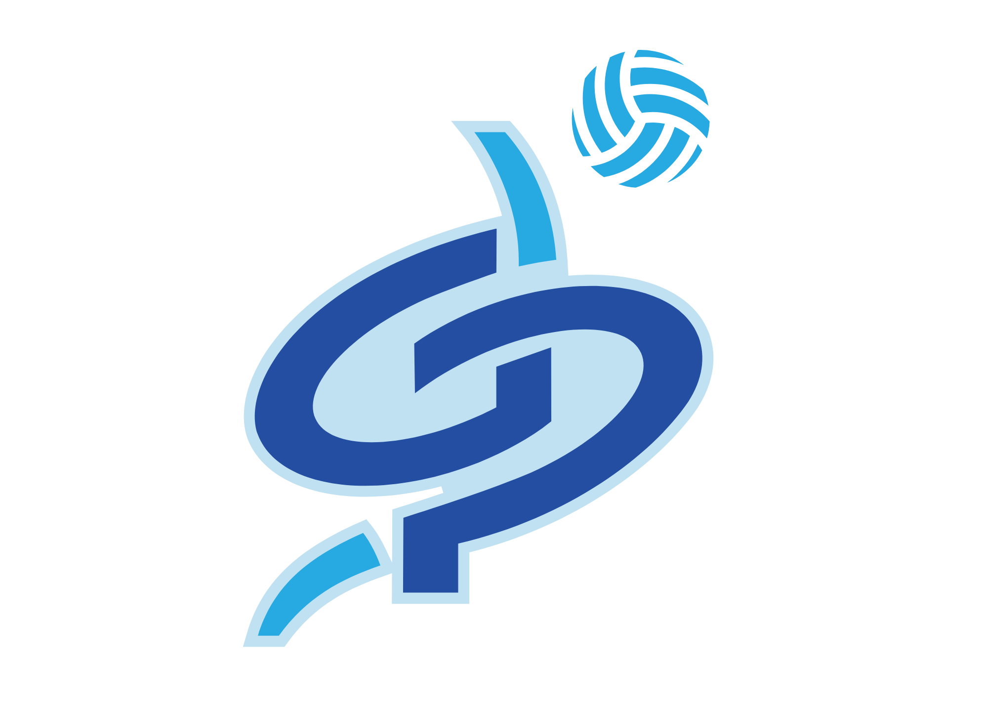 Logo de un equipo de voleibol con la letra G en azul, que tiene una pelota de voleibol en la esquina superior derecha.