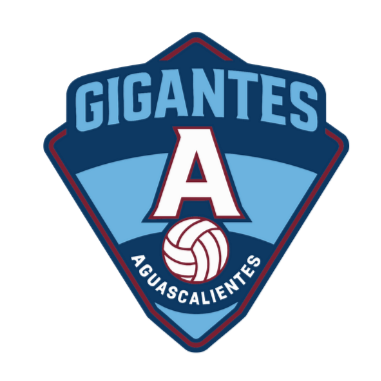 Escudo del equipo de voleibol Gigantes de Aguascalientes, con un diseño en forma de escudo, colores azul y blanco, y un volleyball en el centro.