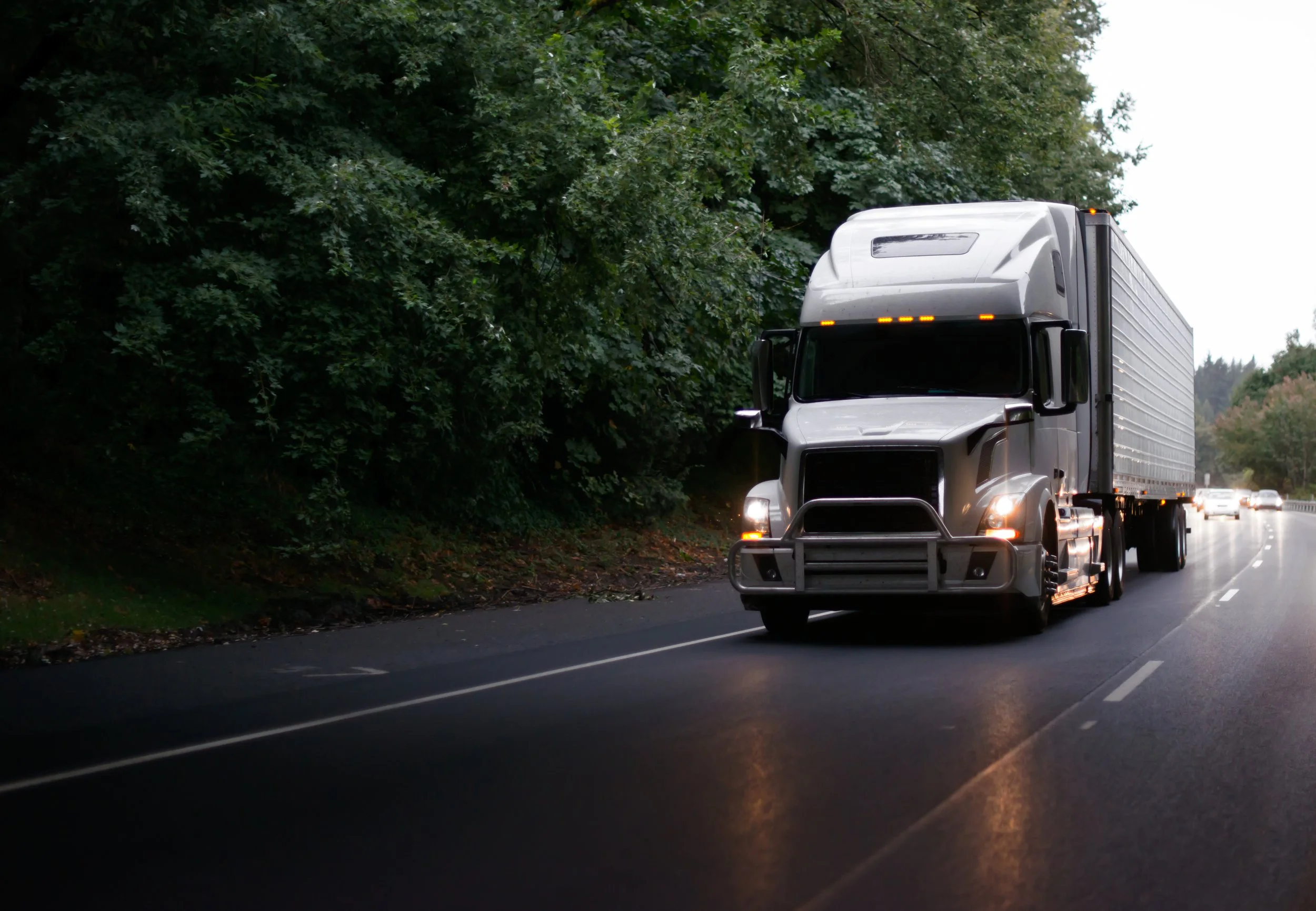 A large semi-truck driving on a highway next to green trees, with multiple cars visible behind it during dusk or dawn.