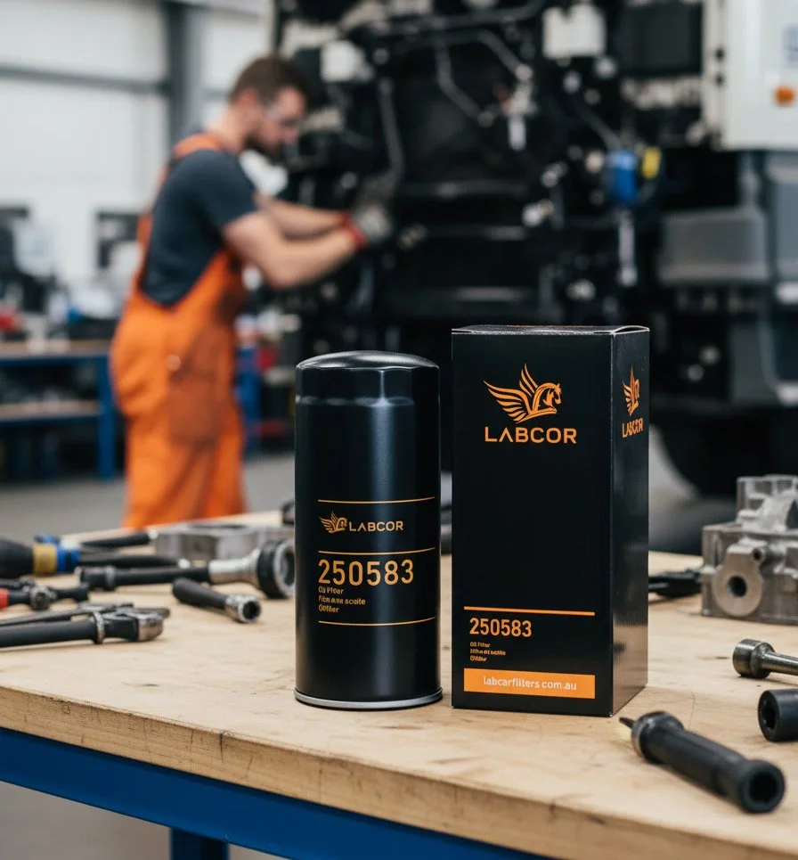 A black oil filter with orange lettering on a wooden workbench in a workshop, with a person in orange overalls and a black shirt working on machinery in the blurred background.