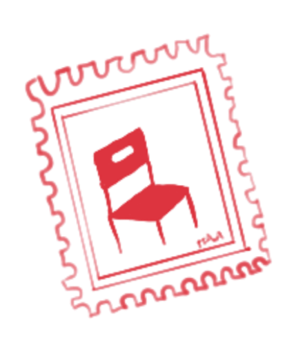 Gather Round Social social media manager website icon of red postage stamp featuring a chair with decorative boarder.
