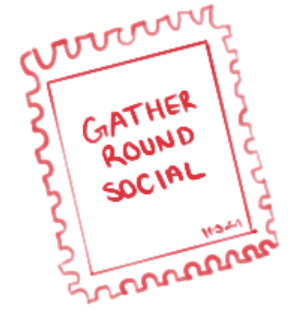Gather Round Social social media management service website icon of red postage stamp with Gather Round Social text on it.